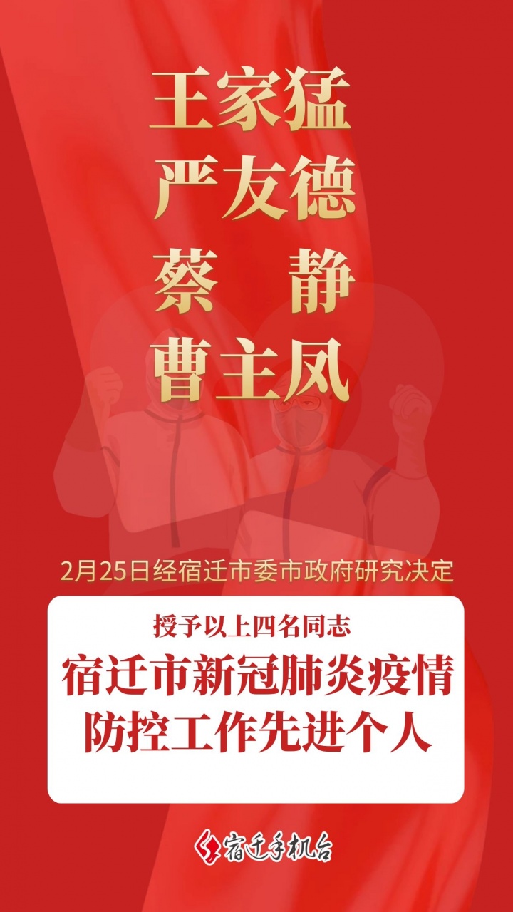 四名同志获“宿迁市新冠肺炎疫情防控工作先进个人”称号！