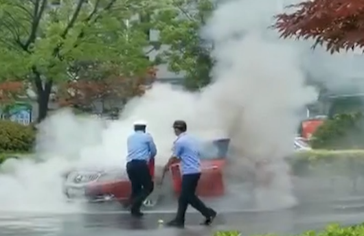 【得味视频】轿车雨中自燃火势凶猛 交警消防合力扑救